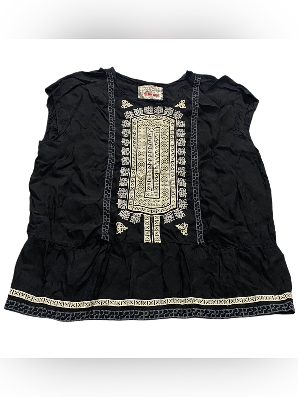 Johnny Was Black Biya Sleeveless Boho Top Blouse with Tan Embroidery Small